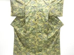 アンティーク　家屋に樹木模様織り出し手織り紬着物